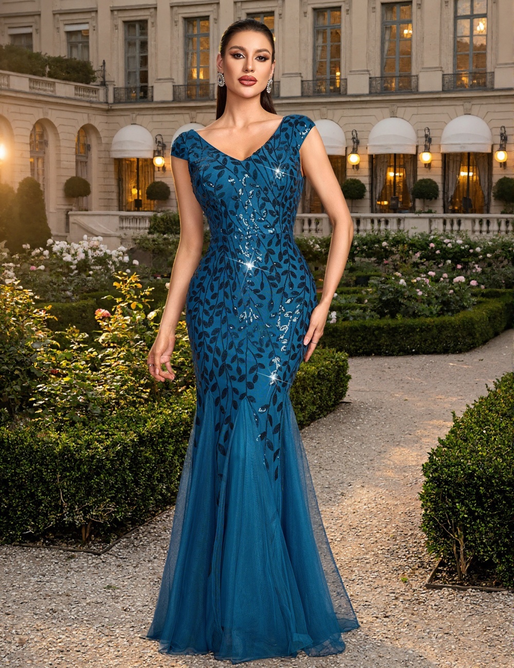 V-neck European style dress party mermaid evening dress