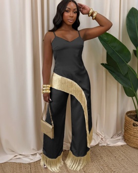 Sling tops loose wide leg pants 2pcs set for women