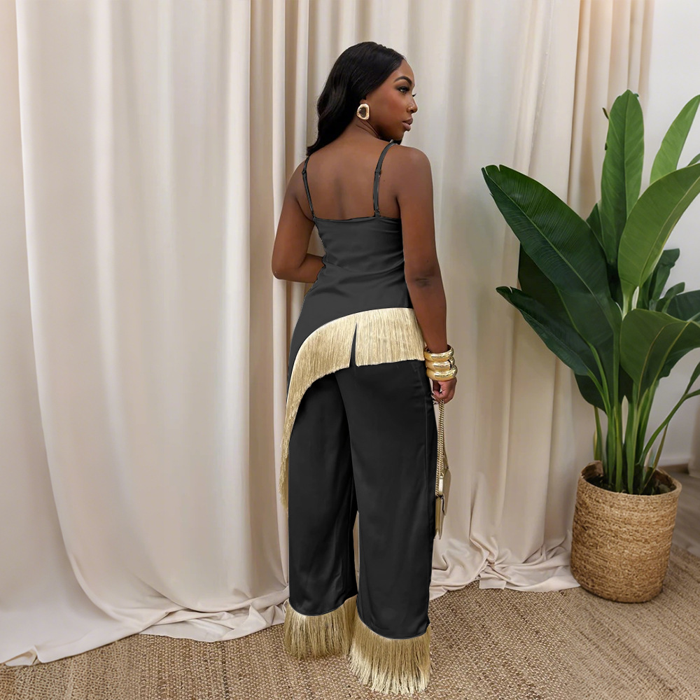 Sling tops loose wide leg pants 2pcs set for women