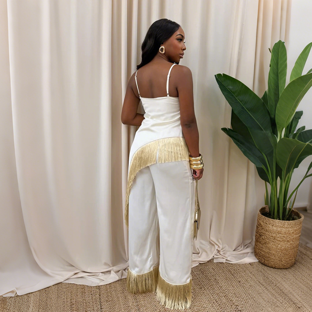 Sling tops loose wide leg pants 2pcs set for women