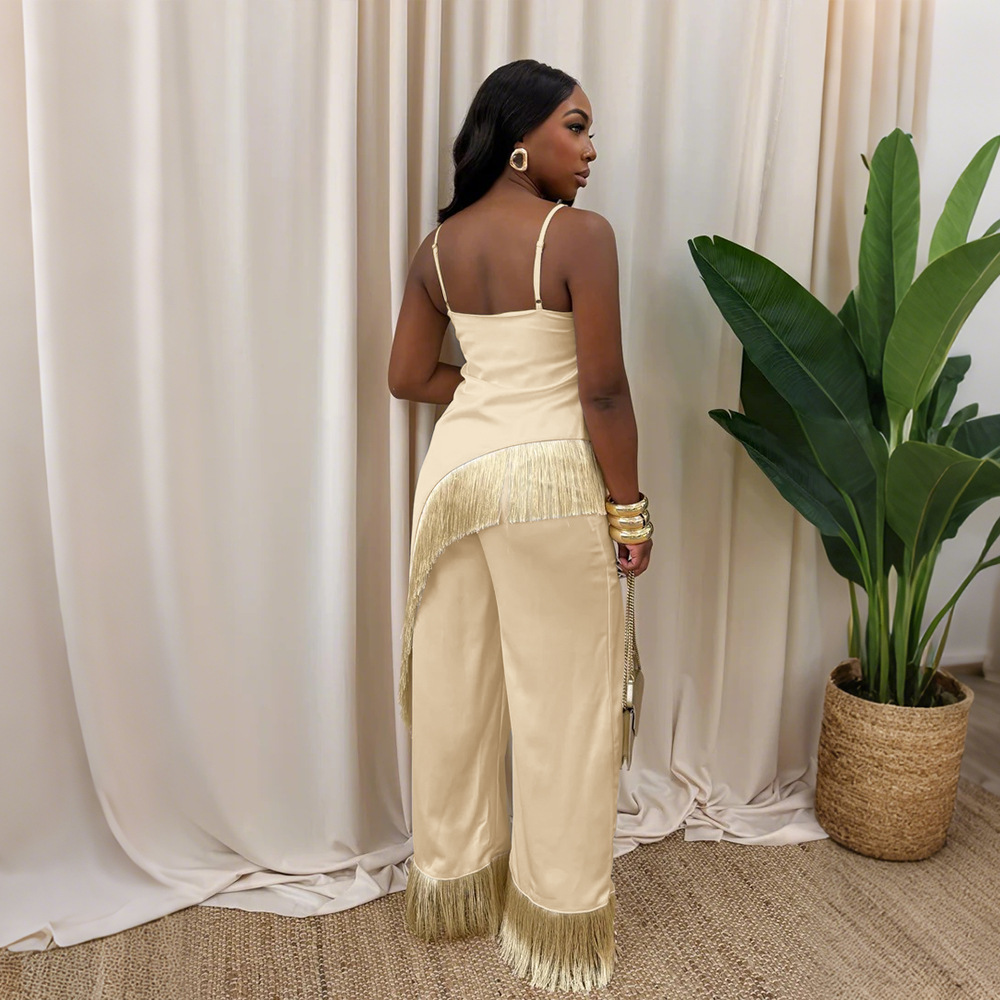 Sling tops loose wide leg pants 2pcs set for women