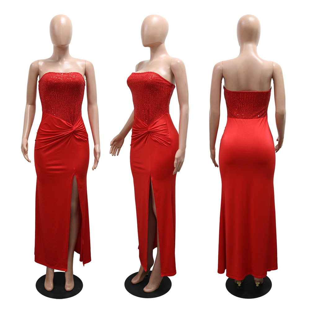 Sequins splice dress wrapped chest long dress for women