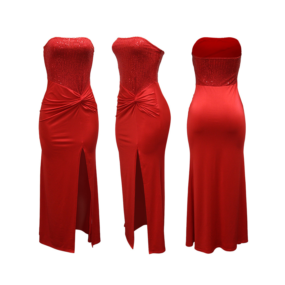 Sequins splice dress wrapped chest long dress for women