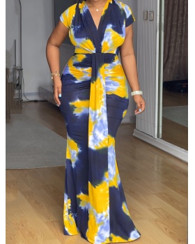 Printing elegant pinched waist slim dress for women