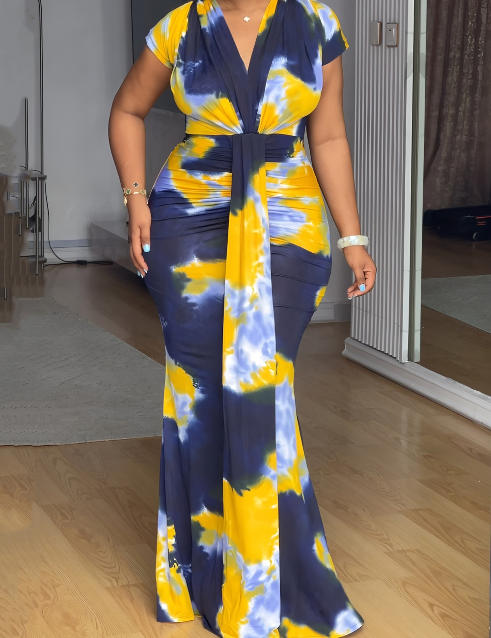 Printing elegant pinched waist slim dress for women