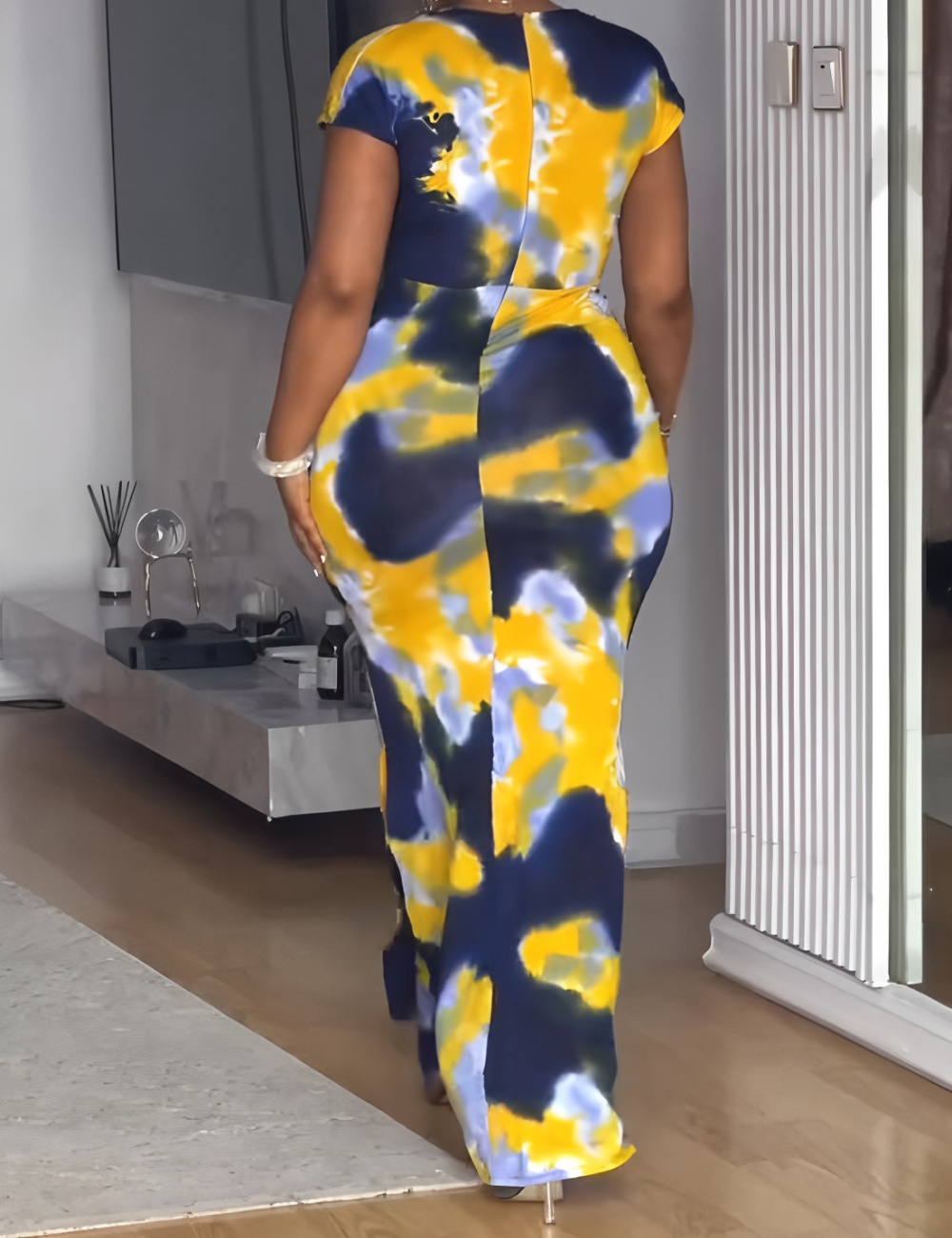 Printing elegant pinched waist slim dress for women