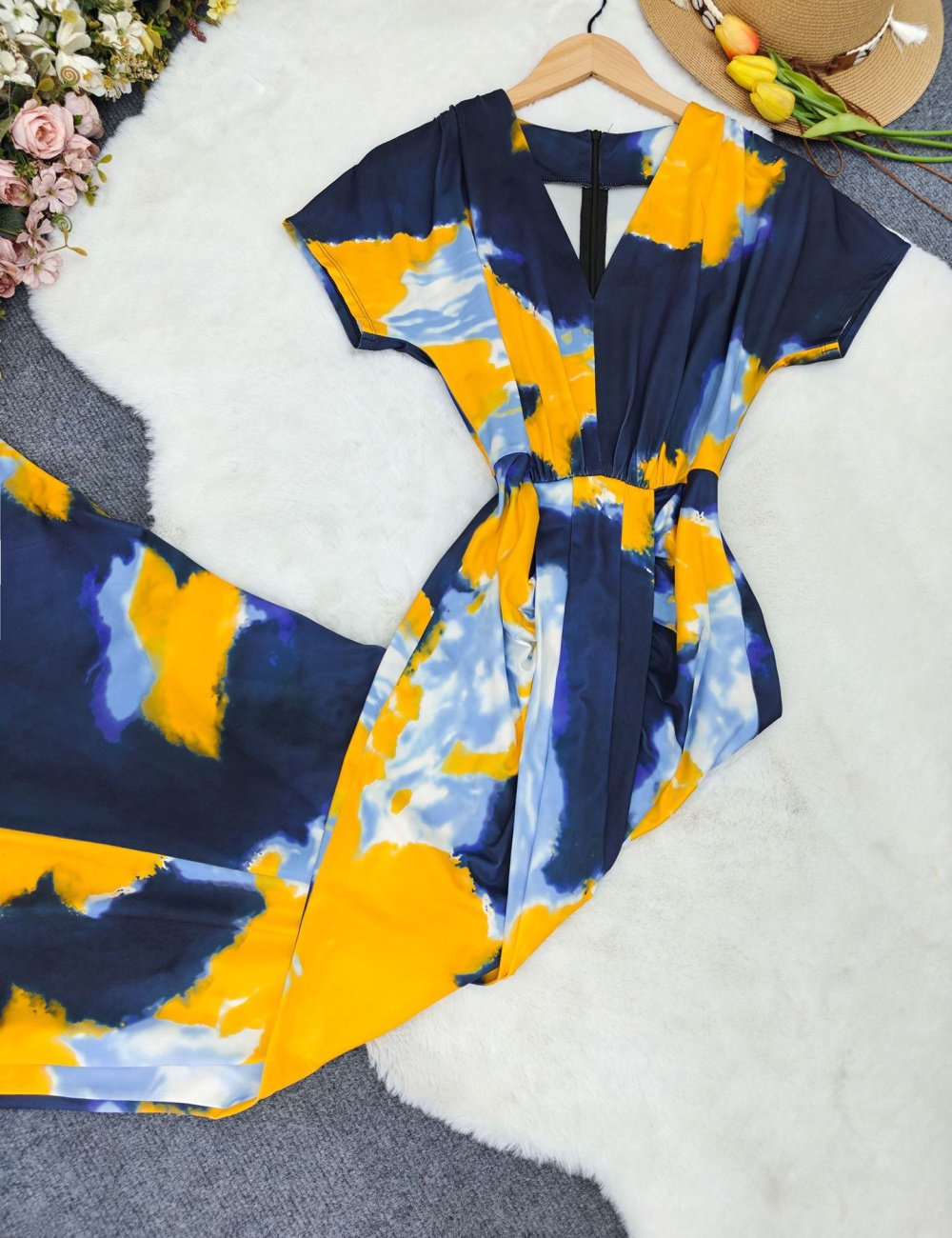 Printing elegant pinched waist slim dress for women