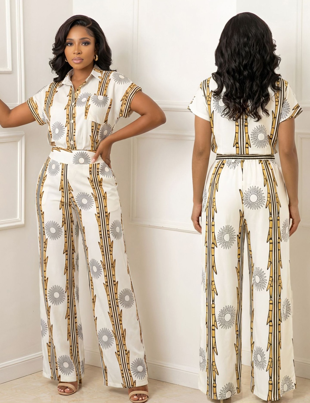 Pocket lapel elegant shirt Casual buckle long pants 2pcs set