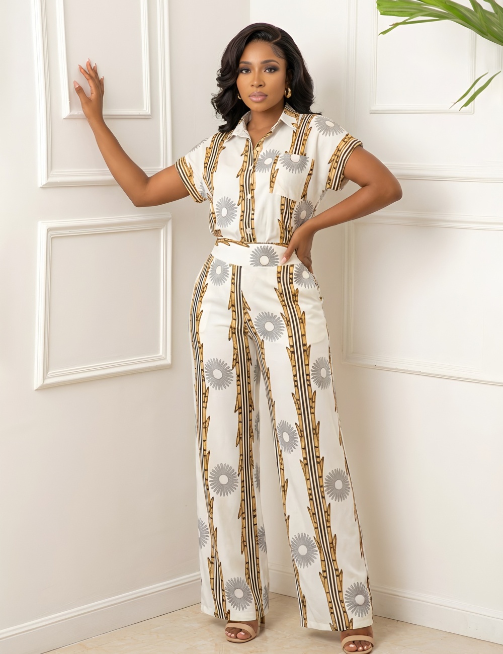 Pocket lapel elegant shirt Casual buckle long pants 2pcs set