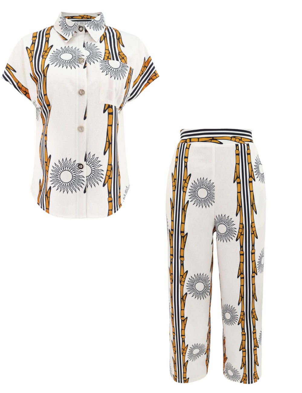 Pocket lapel elegant shirt Casual buckle long pants 2pcs set