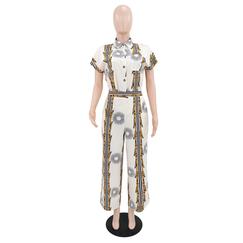 Pocket lapel elegant shirt Casual buckle long pants 2pcs set