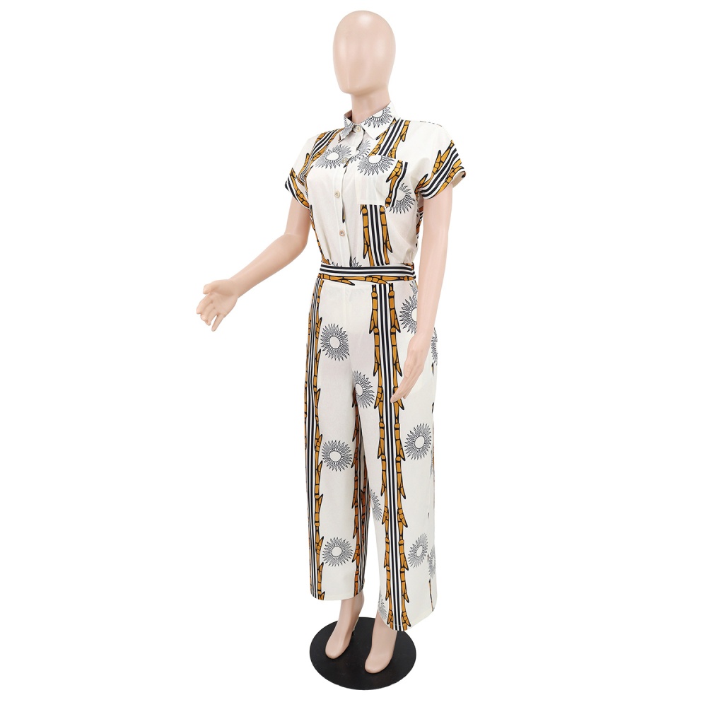 Pocket lapel elegant shirt Casual buckle long pants 2pcs set