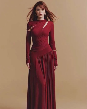 Fold slim temperament dress hollow red long dress