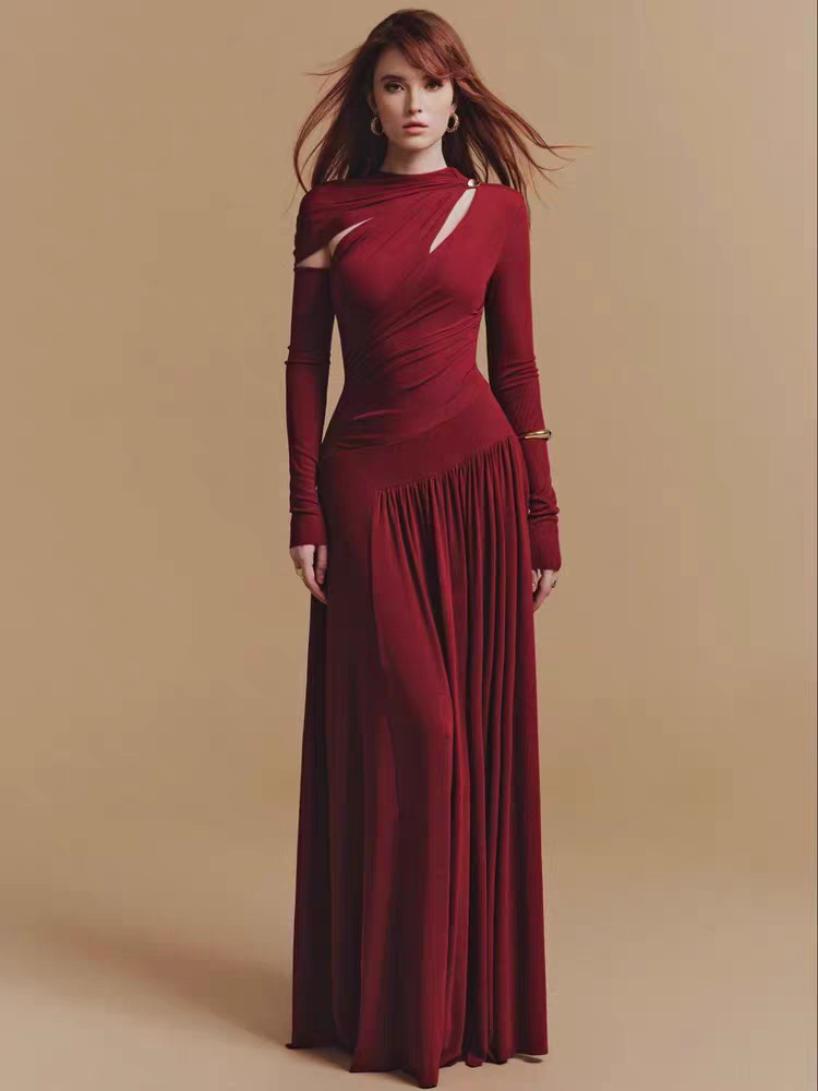 Fold slim temperament dress hollow red long dress