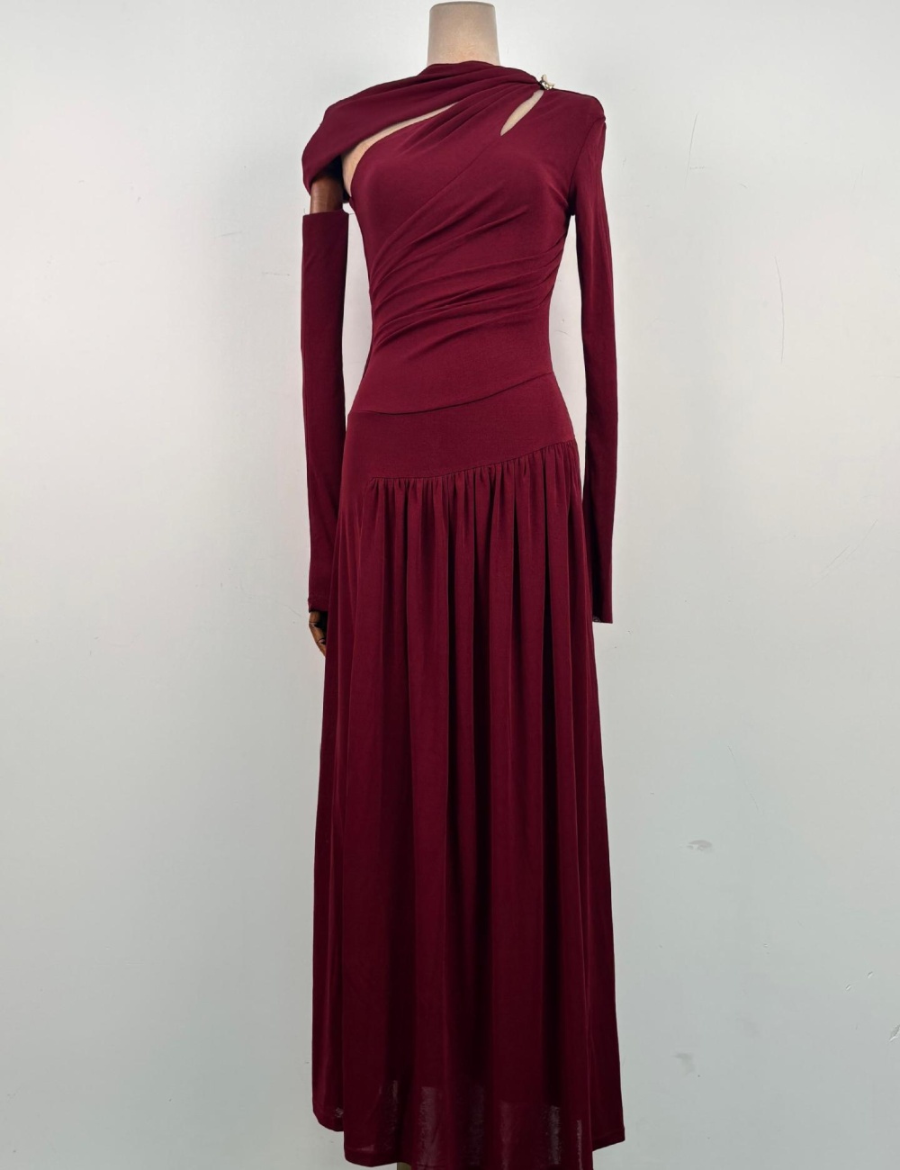 Fold slim temperament dress hollow red long dress