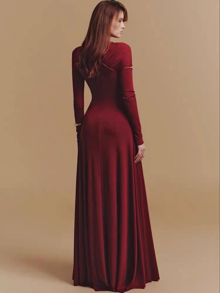 Fold slim temperament dress hollow red long dress