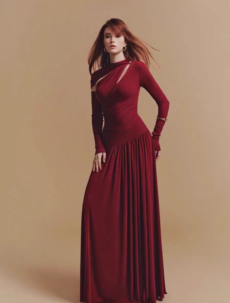 Fold slim temperament dress hollow red long dress