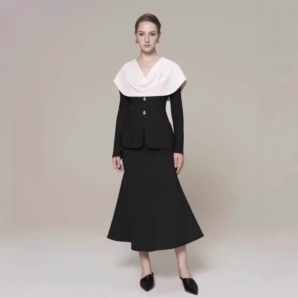 V-neck temperament tops package hip long skirt 2pcs set