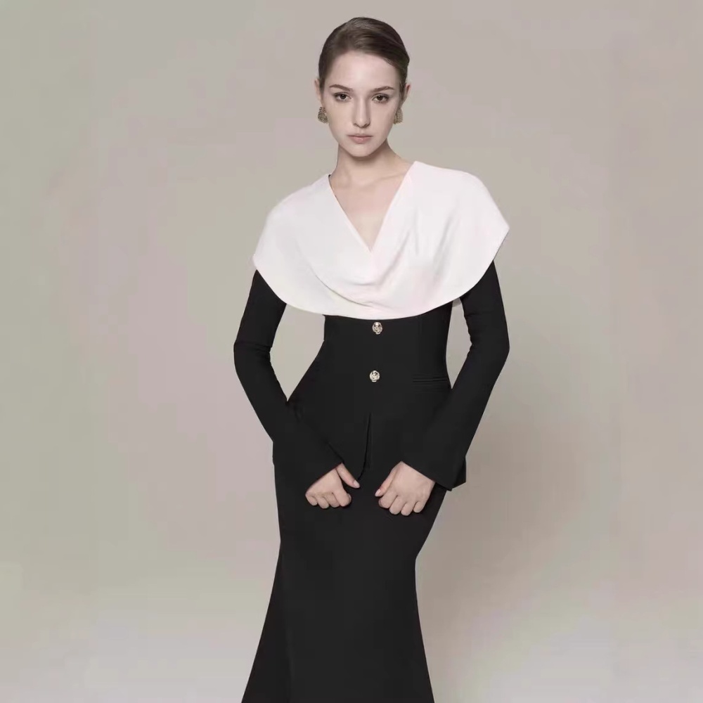 V-neck temperament tops package hip long skirt 2pcs set