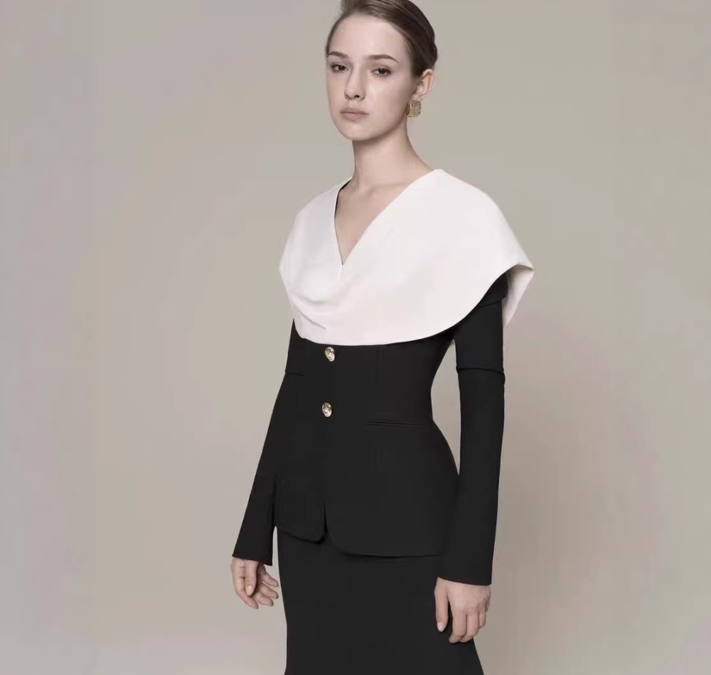 V-neck temperament tops package hip long skirt 2pcs set