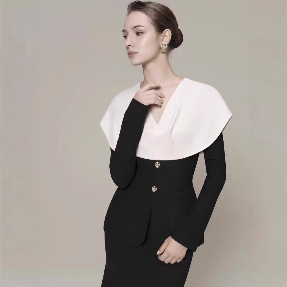 V-neck temperament tops package hip long skirt 2pcs set