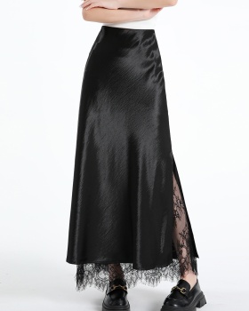 Lace summer long A-line split slim satin splice skirt