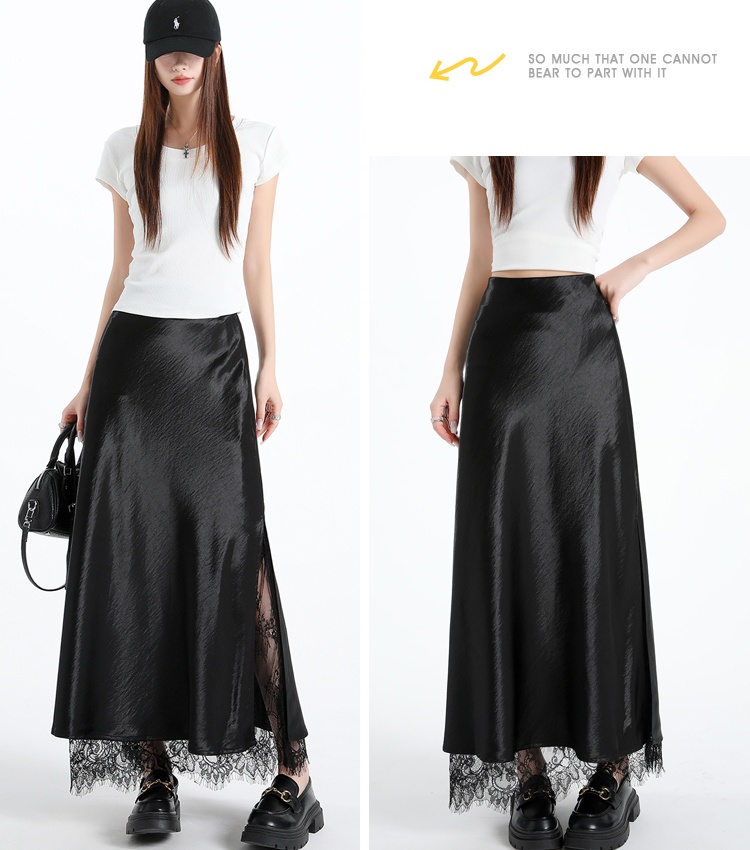 Lace summer long A-line split slim satin splice skirt