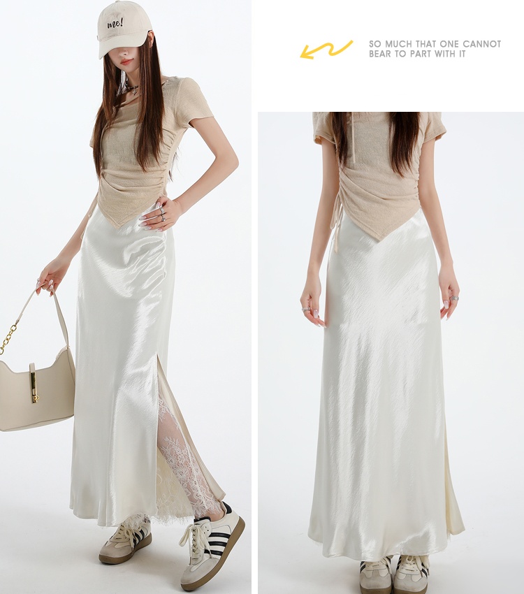 Lace summer long A-line split slim satin splice skirt