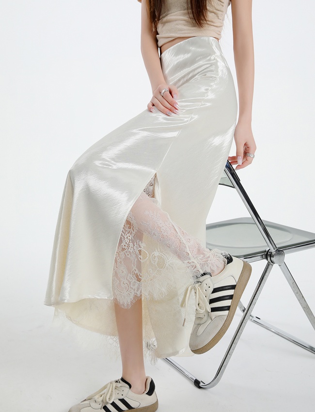 Lace summer long A-line split slim satin splice skirt