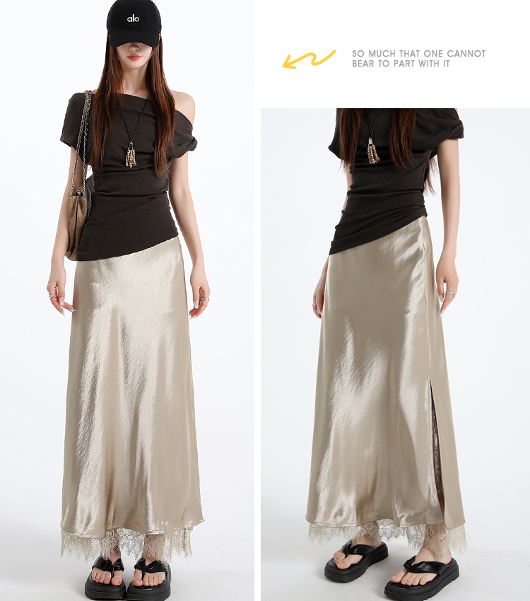Lace summer long A-line split slim satin splice skirt
