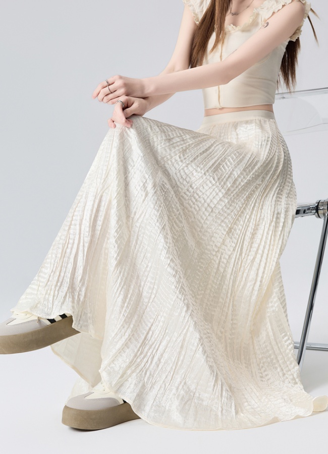 High waist drape A-line fold satin summer skirt for women