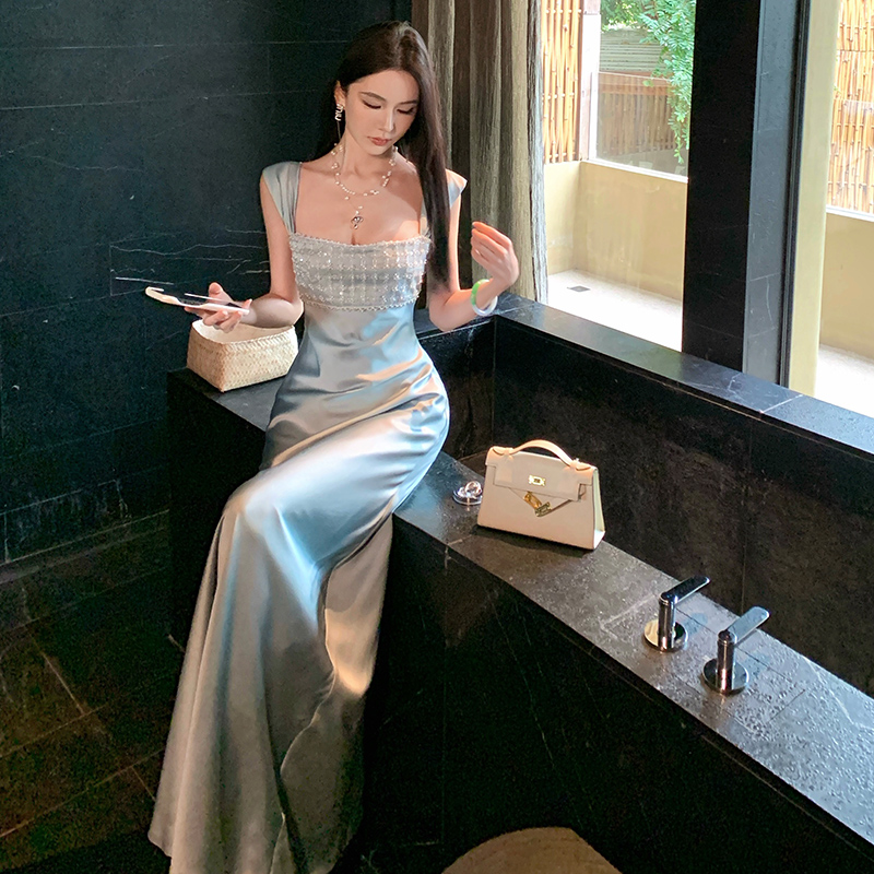 Blue temperament formal dress sling dress for women