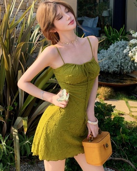 Sling vacation dress retro pinched waist T-back for women