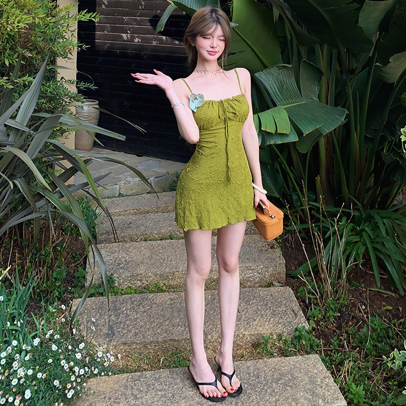 Sling vacation dress retro pinched waist T-back for women