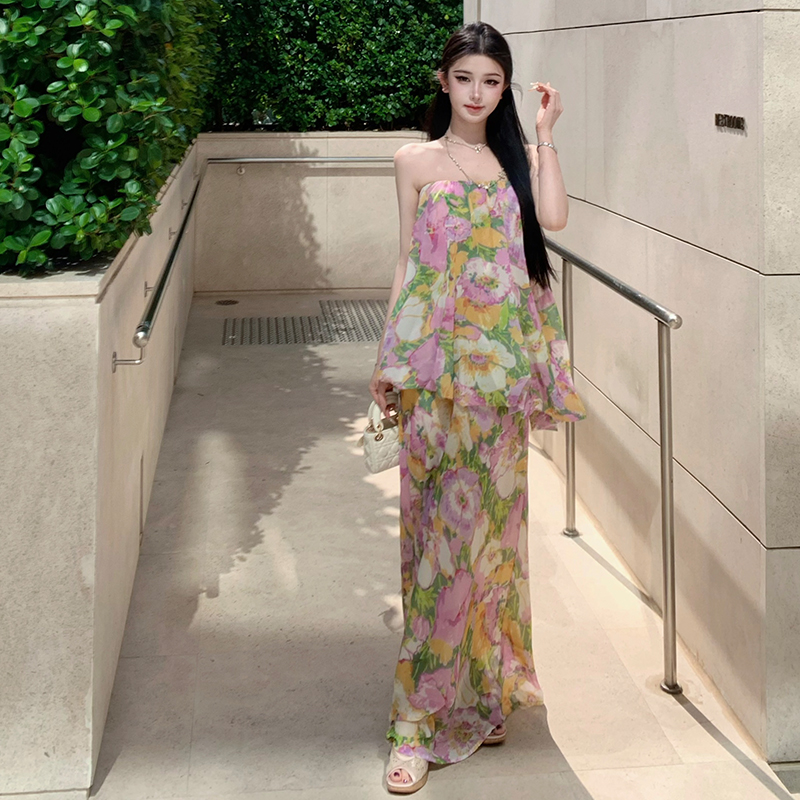 Summer vacation beach dress floral jumpsuit for women