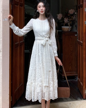 Round neck pinched waist dress long sleeve long dress