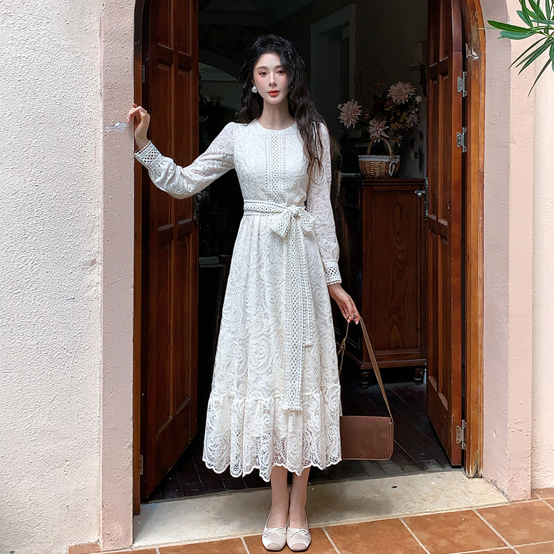 Round neck pinched waist dress long sleeve long dress