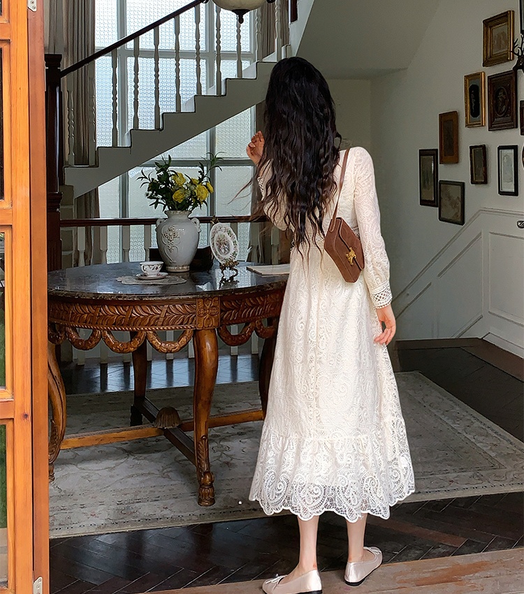 Round neck pinched waist dress long sleeve long dress