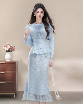 Fashion beading skirt pinched waist lace tops 2pcs set