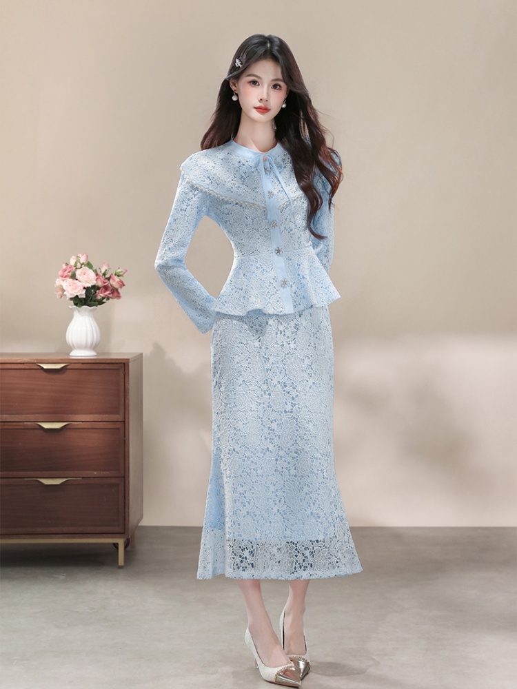 Fashion beading skirt pinched waist lace tops 2pcs set