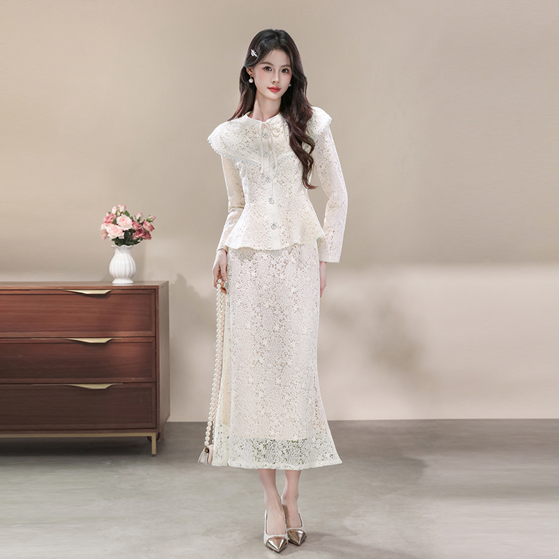 Fashion beading skirt pinched waist lace tops 2pcs set