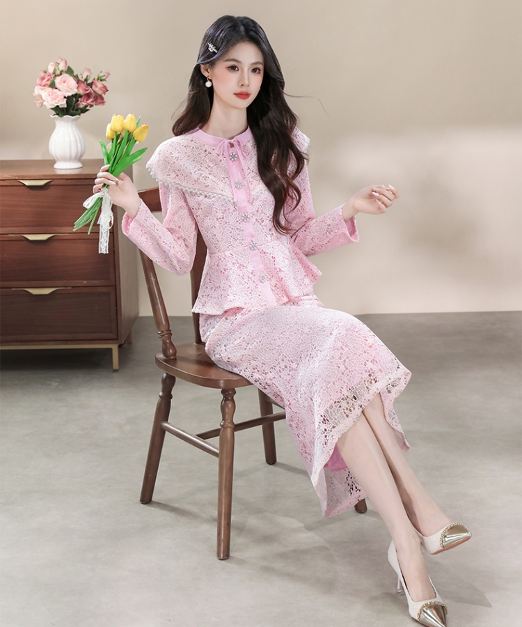 Fashion beading skirt pinched waist lace tops 2pcs set