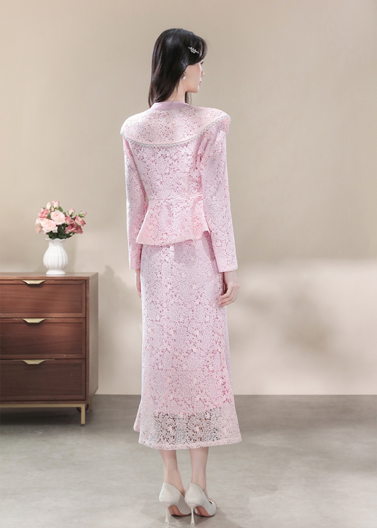 Fashion beading skirt pinched waist lace tops 2pcs set