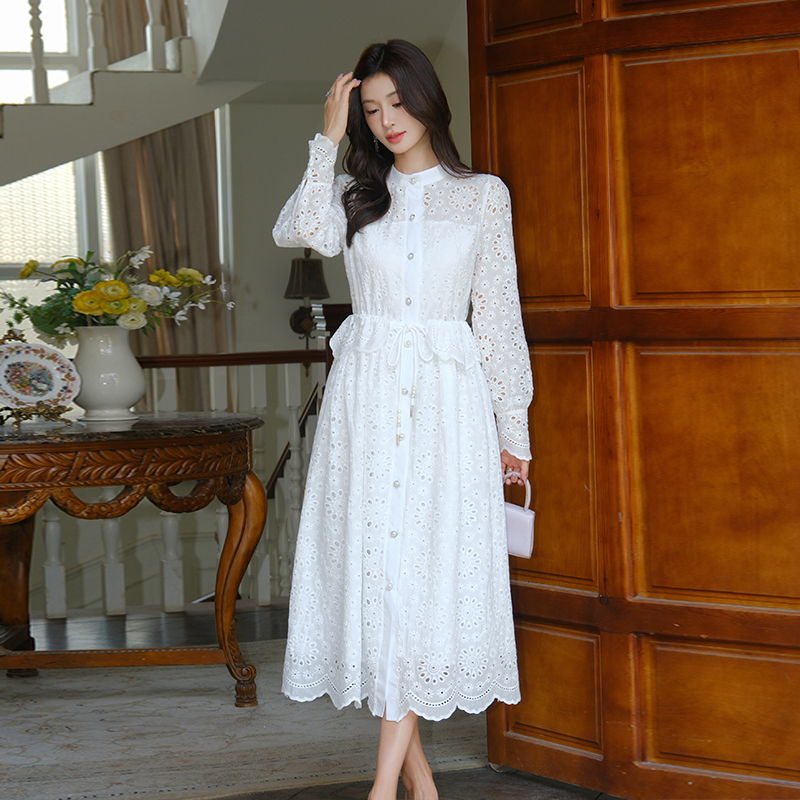 Embroidery France style lace tender long hollow dress