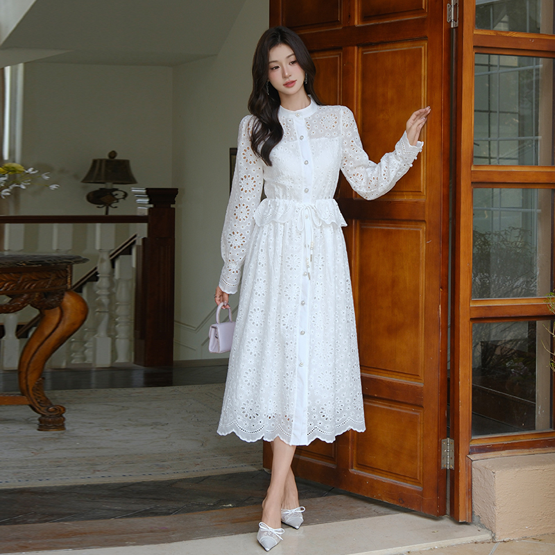 Embroidery France style lace tender long hollow dress