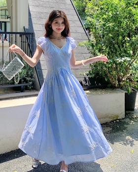 Long summer tender V-neck jacquard France style dress