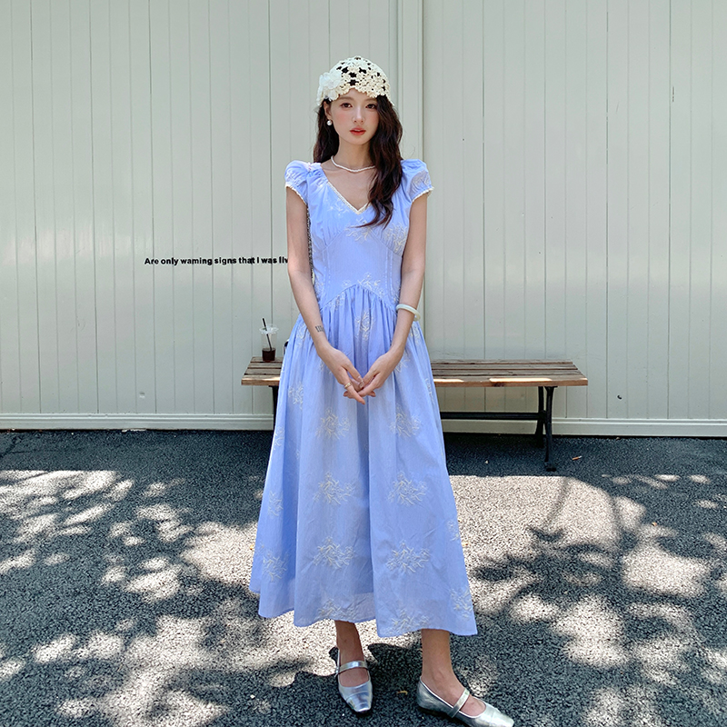 Long summer tender V-neck jacquard France style dress