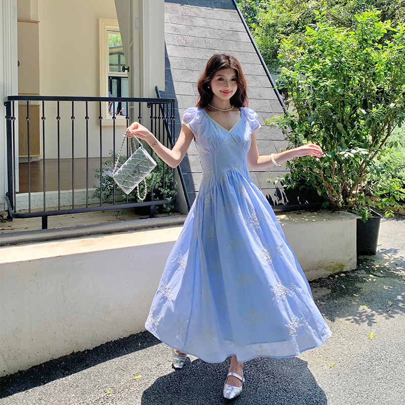 Long summer tender V-neck jacquard France style dress