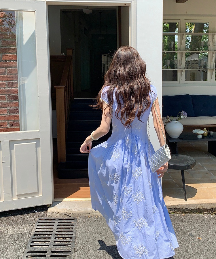 Long summer tender V-neck jacquard France style dress