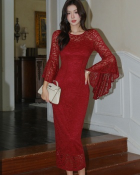 Round neck sexy package hip trumpet sleeves dress